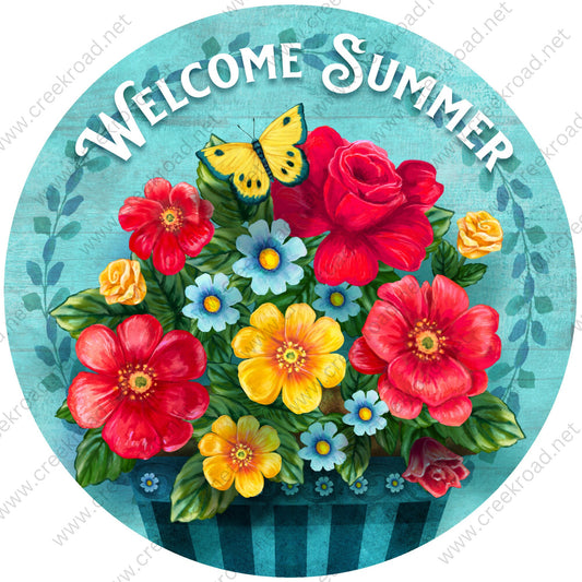 Welcome Summer Flower Pot of Summer Flowers Yellow Butterfly Wreath Sign-Blank-Sublimation-Aluminum-Attachment-Decor-Spring-Summer