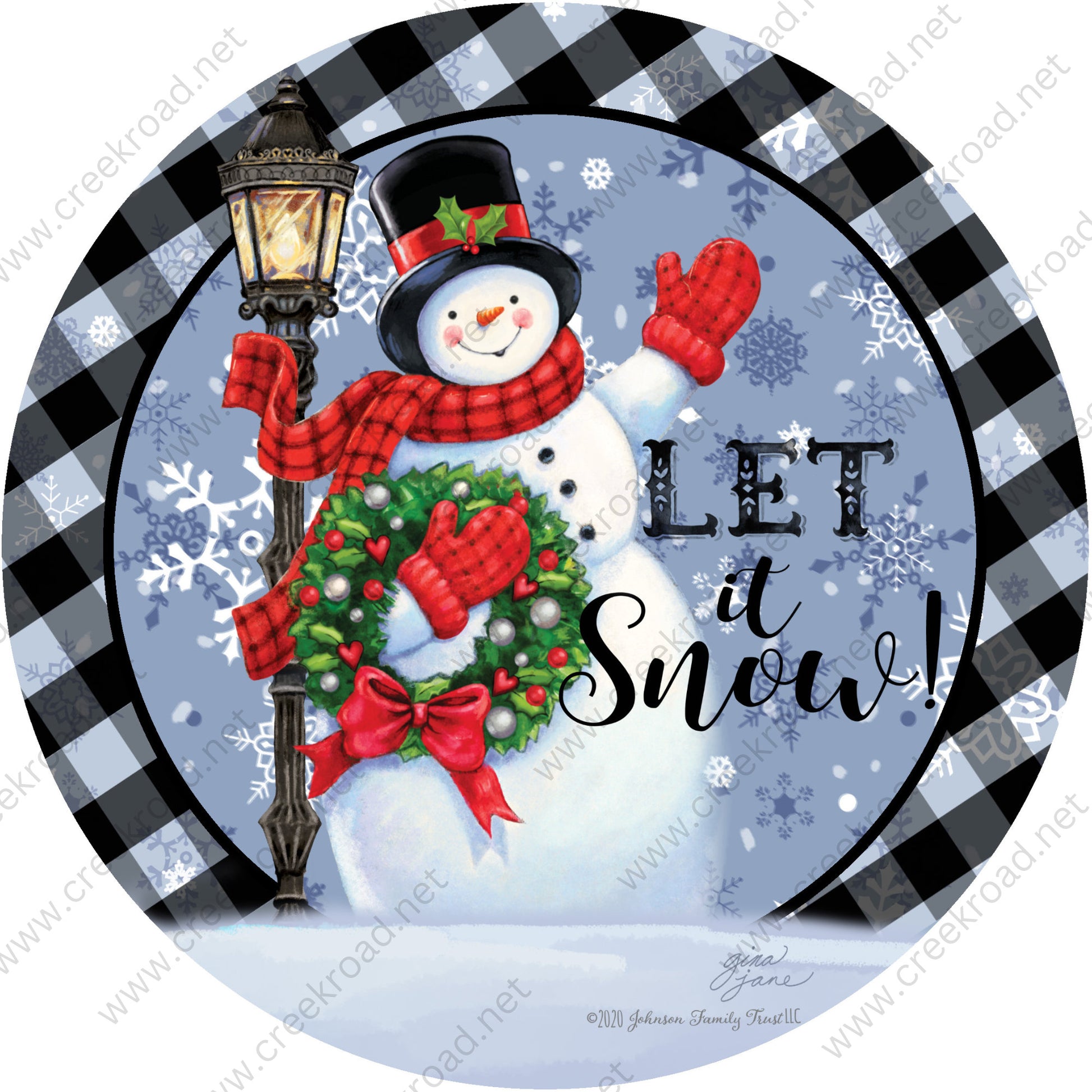 Let It Snow Christmas Snowman with Wreath Street Lamp on Snow Drift Black Blue Gingham Border-Sublimation-Attachment-Decor-Winter