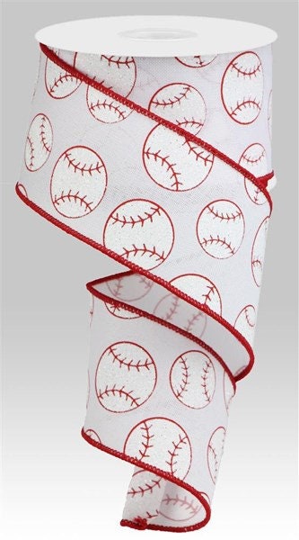 2.5" X 10Yd Wired Ribbon- Glitter Baseball On Royal Ribbon-RGA117127-White/Red-Wreaths-Crafts-Decor