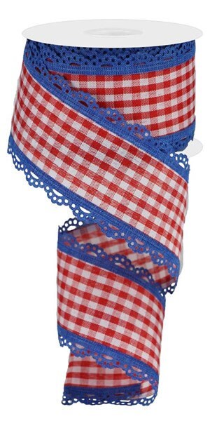 2.5" X 10Yd Wired Scalloped Edge Gingham Ribbon-Ribbon-RGA1544A1-Red/White W/Blue-Wreaths-Crafts-Decor