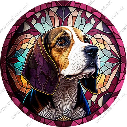 Brown White Beagle Faux Stained Glass Wreath Sign-Everyday-Pets-Dogs-Wreath Sign-Sublimation-Attachment-Decor