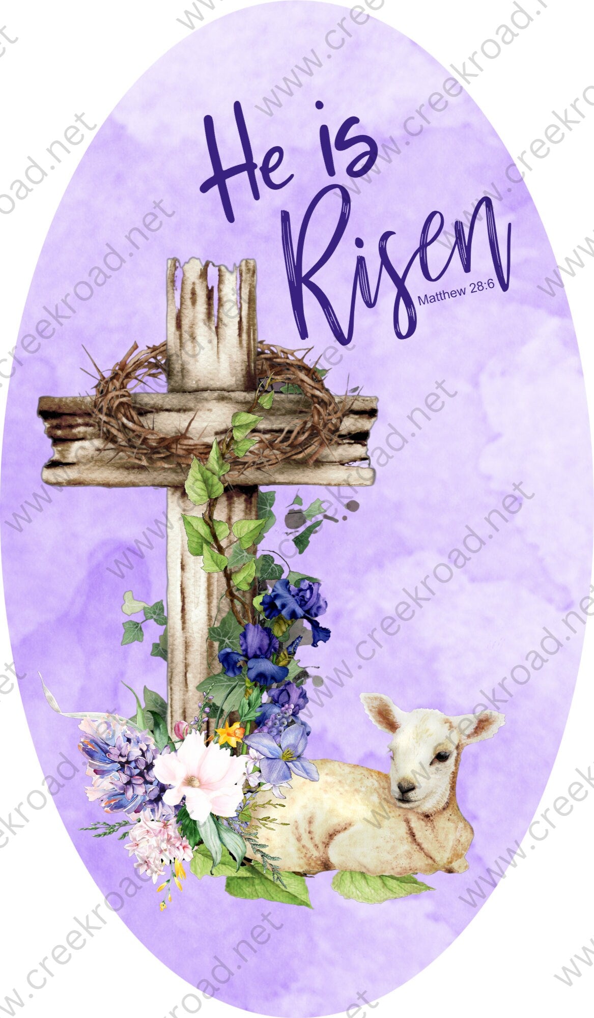 He Is Risen Cross with Lamb Lavender Florals Purple Border-Oval 7x12-Easter-Sublimation-Wreath Sign-Attachment-Spring-Decor-