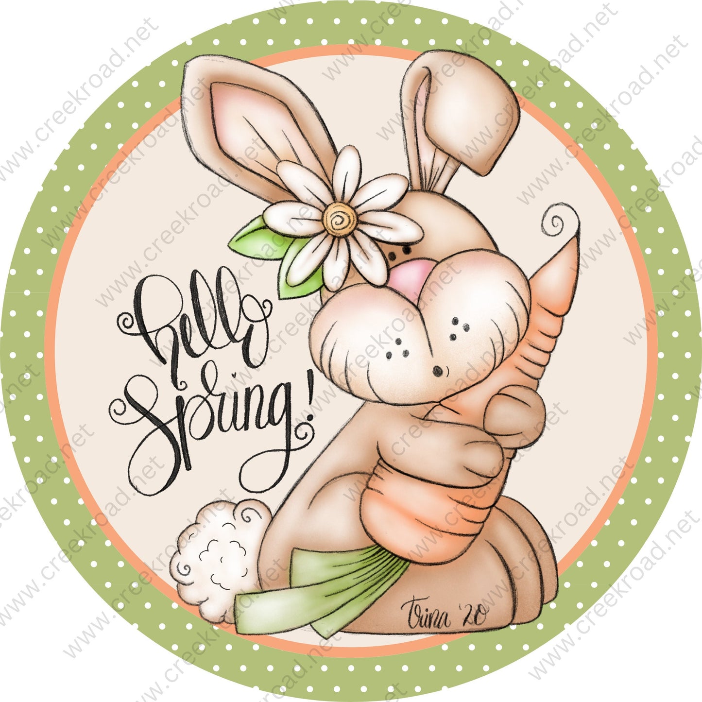 Hello Spring Easter Bunny Holding Carrot with Polka Dot Border- 2 OPTIONS AVAILABLE-Easter-Decor-Sublimation-Wreath Sign-Attachment-Spring