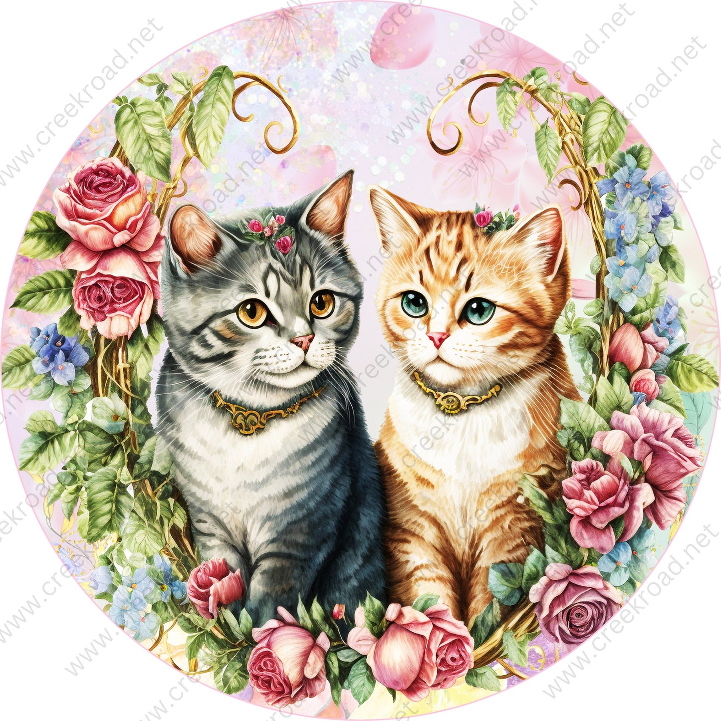 Grey Orange Kitty Cats with Pink Blue Flowers No Border on Pink Background Wreath Sign-Sublimation-Aluminum-Round-Spring-Summer-Decor