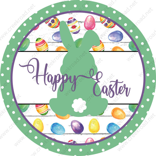 Happy Easter Bunny Green with Cottontail with Colorful Easter Eggs-Green Polka Dot Border-Easter-Sublimation-Wreath Sign-Attachment