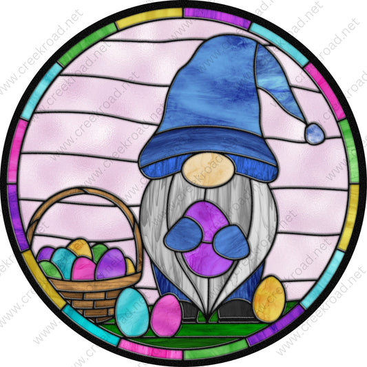 Easter Gnome Holding Easter Eggs Faux Stained Glass Wreath Sign-Round-Everyday-Decor-Attachment-Aluminum-Signs