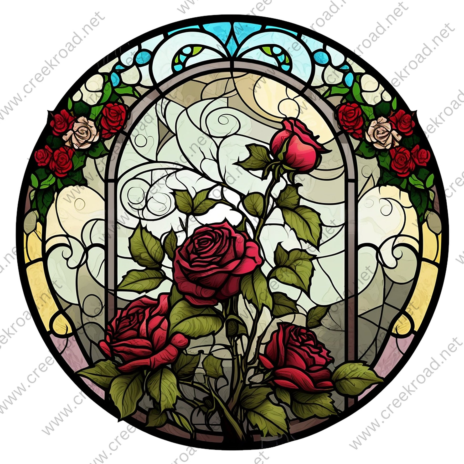 Pink Roses in a Garden of Red Roses FAUX Stained Glass Wreath Sign-Flowers-Everyday-Sublimation-Attachment-Decor