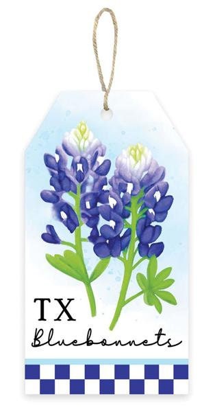 12"H x 6.5"L Tx Bluebonnets Tag Sign-Wreath Sign-Light Blue/Indigo/White-Spring-Summer-AP7268-MDF/Paper