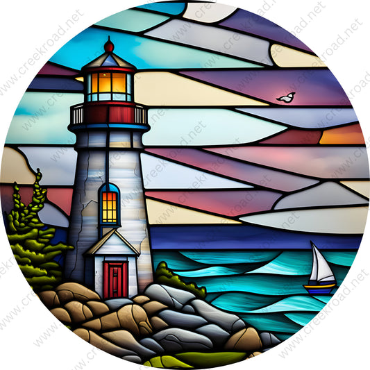 Colorful Lighthouse on Coastal Shore Sailboat Seagull Faux Stained Glass-Everyday-Wreath Sign-Sublimation-Attachment-Decor