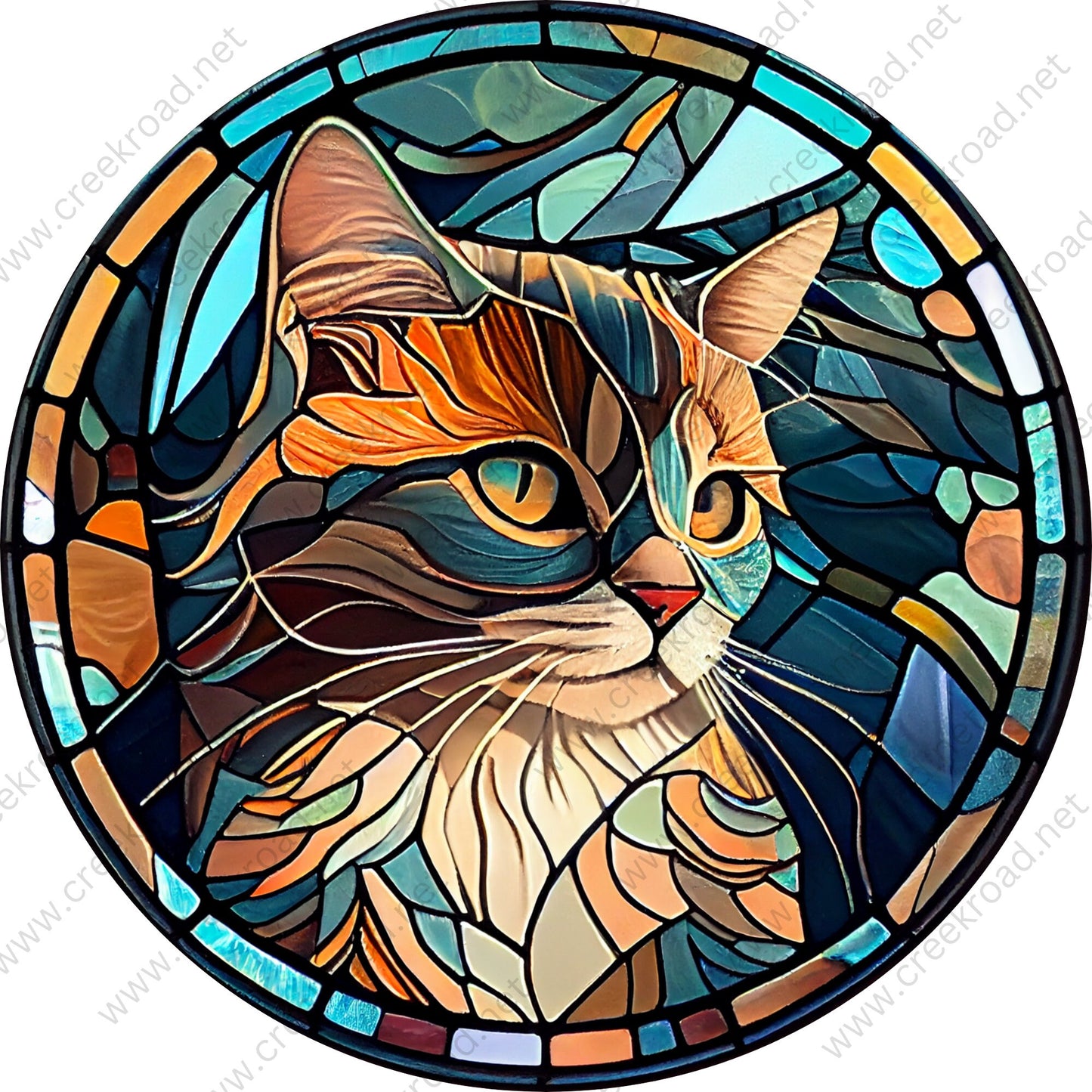 Orange Teal Cat Faux Stained Glass Wreath Sign-Black White-Wreath Sign-Everyday-Pets-Decor-Sublimation-Attachment