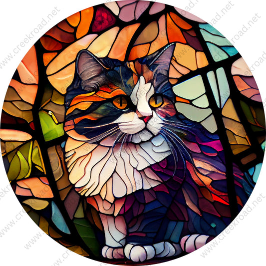 Cat Perched And Looking For Trouble Faux Stained Glass Wreath Sign-Black White-Wreath Sign-Everyday-Pets-Decor-Sublimation-Attachment