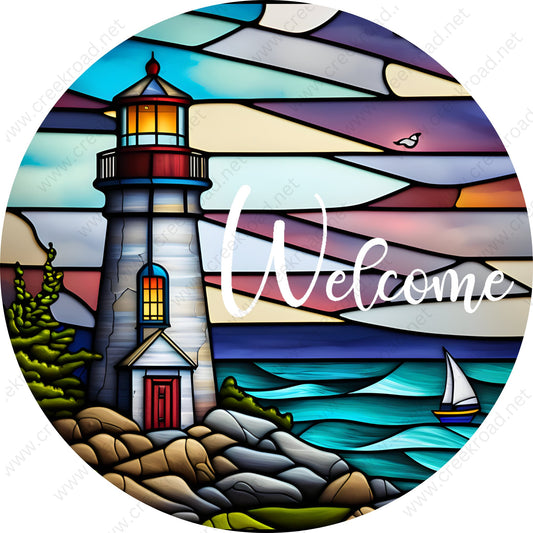 Welcome Lighthouse on Coastal Watch Sailboat Seagull Faux Stained Glass Wreath Sign-Everyday-Wreath Sign-Sublimation-Attachment-Decor-Summer