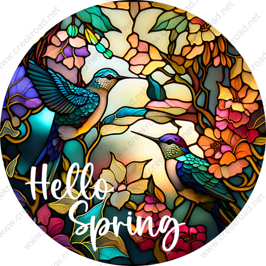 Hello Spring Hummingbirds Flying Through The Flowers Faux Stained Glass Wreath Sign-Everyday-Wreath Sign-Sublimation-Attachment-Decor-Summer