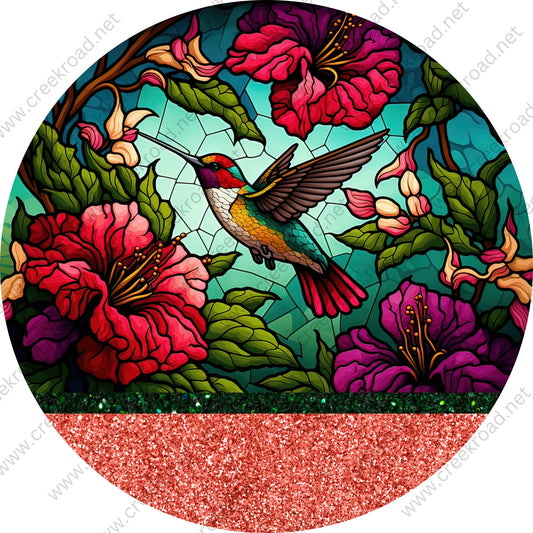 Colorful Hummingbird Pollenating Flowers Green Red Glitter Accents-Birds-Flowers-Everyday-Wreath Sign-Sublimation-Attachment-Decor