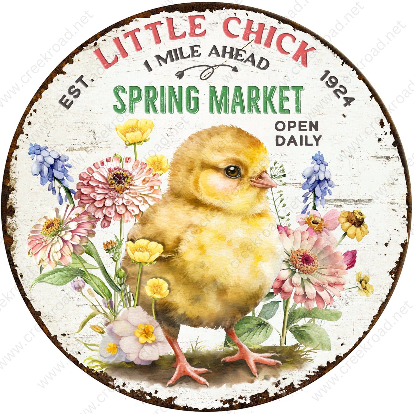 Little Chick Spring Market Vintage Wreath Sign with Distressed Appearance Florals-Sublimation-Attachment-Decor-Easter-Aluminum