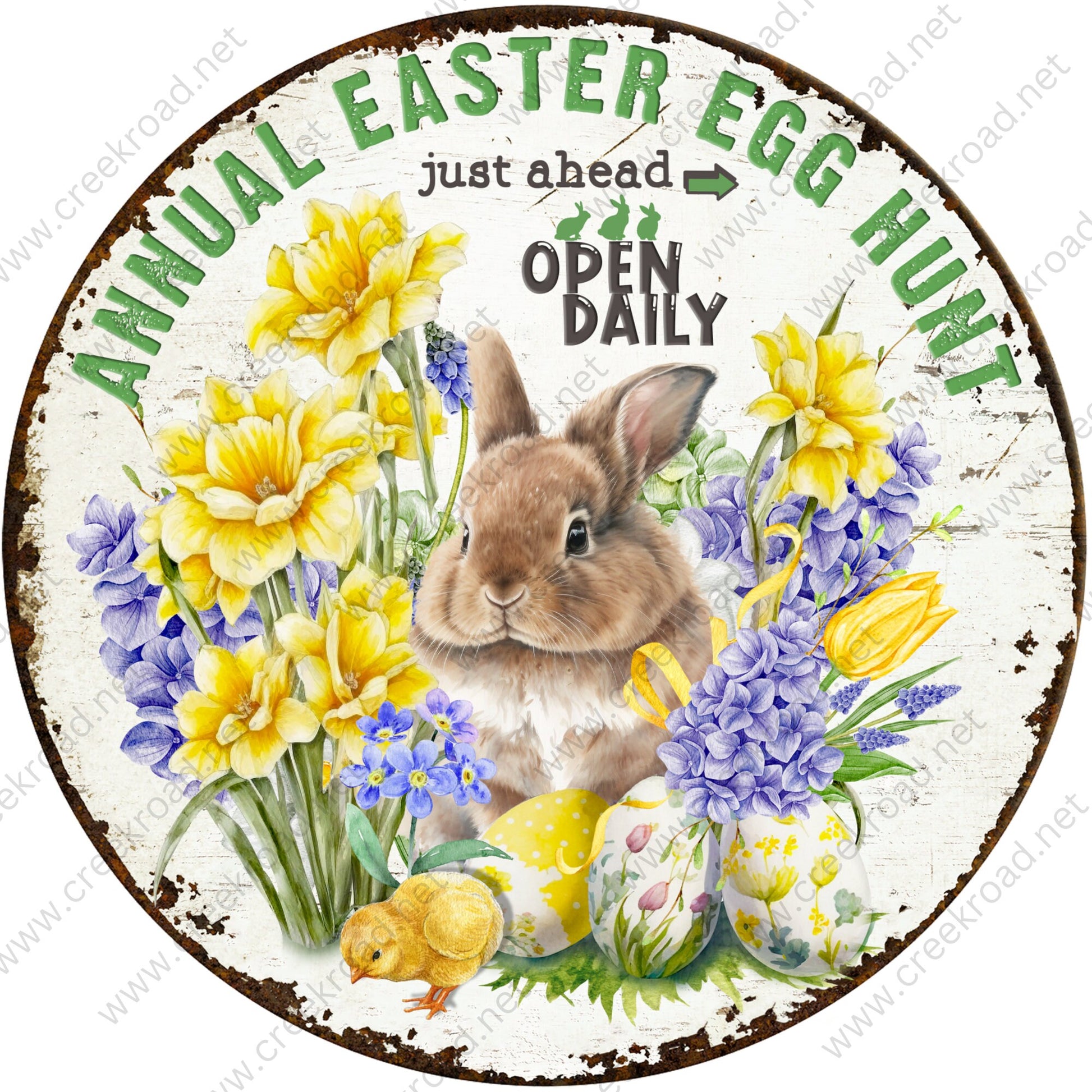 Annual Easter Egg Hunt Just Ahead Vintage Wreath Sign with Distressed Appearance Florals-Sublimation-Attachment-Decor-Easter-Aluminum