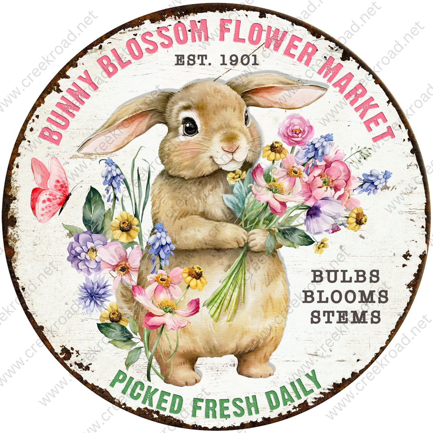 Bunny Blossom Flower Market-Picked Fresh Daily Bulbs Blooms Stems Vintage Wreath Sign Distressed Floral-Sublimation-Attachment-Decor-Easter