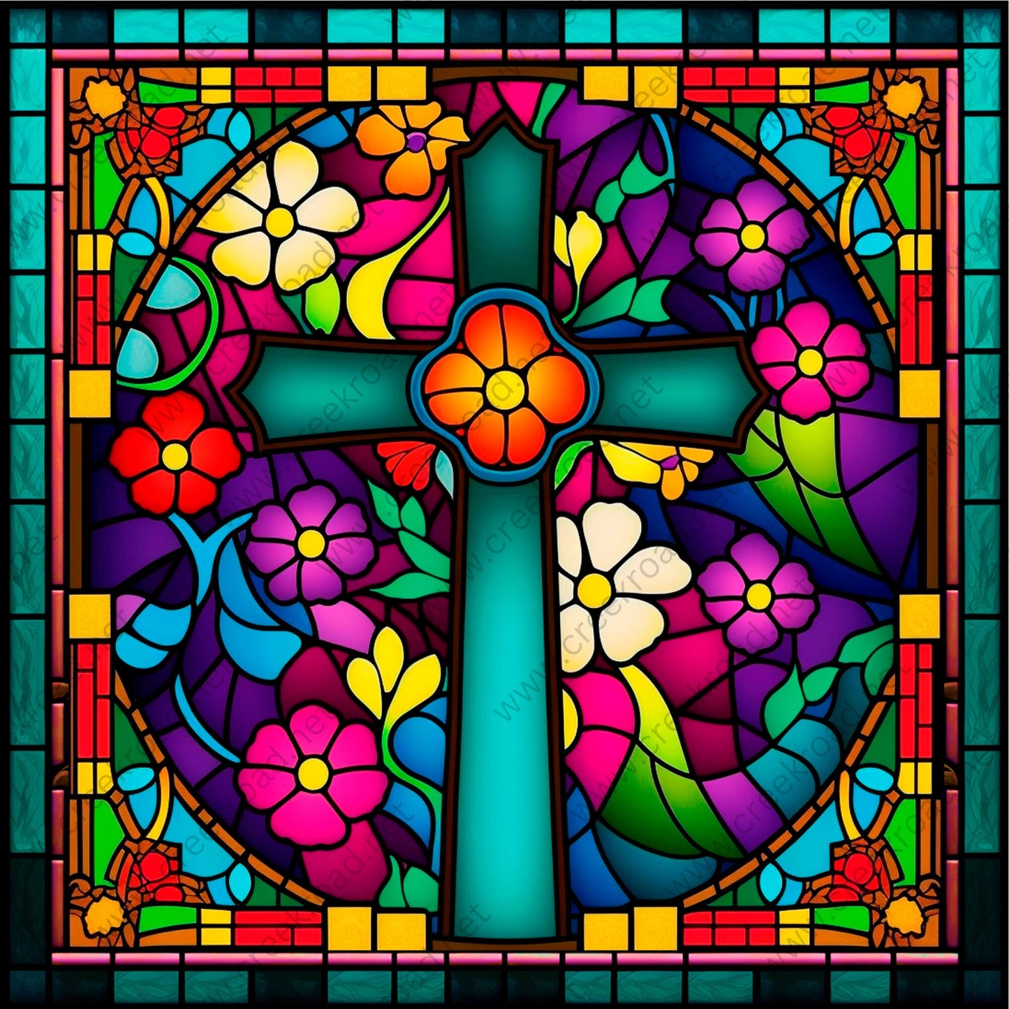 Cross of Faith Faux Stained Glass with Multi Color Flowers Wreath Sign-10"x10" Square-Everyday-Religion-Sublimation-Attachment-Decor-