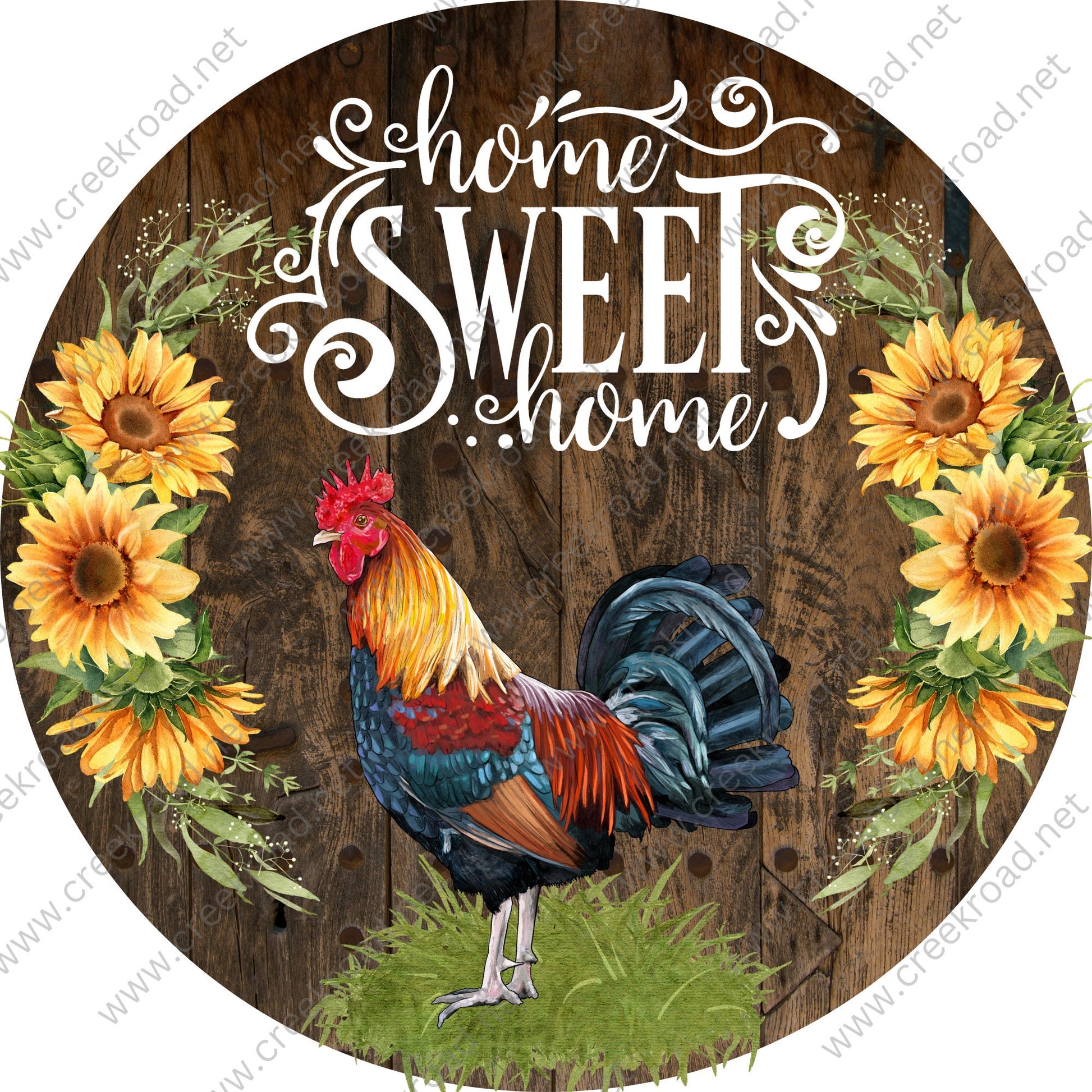 Home Sweet Home New Hampshire Red Rooster with Sunflowers on Wood Background Wreath Sign-Round-Everyday-Spring-Sublimation-Attachment-Decor