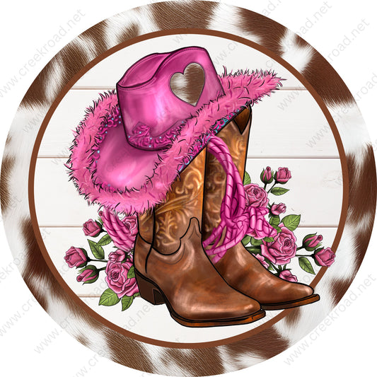 Sassy Pink Cowgirl Hat Lasso Roses and Boots with Cowhide Border Heart Shiplap Background Wreath Sign-Western-Sublimation-Rodeo-Decor