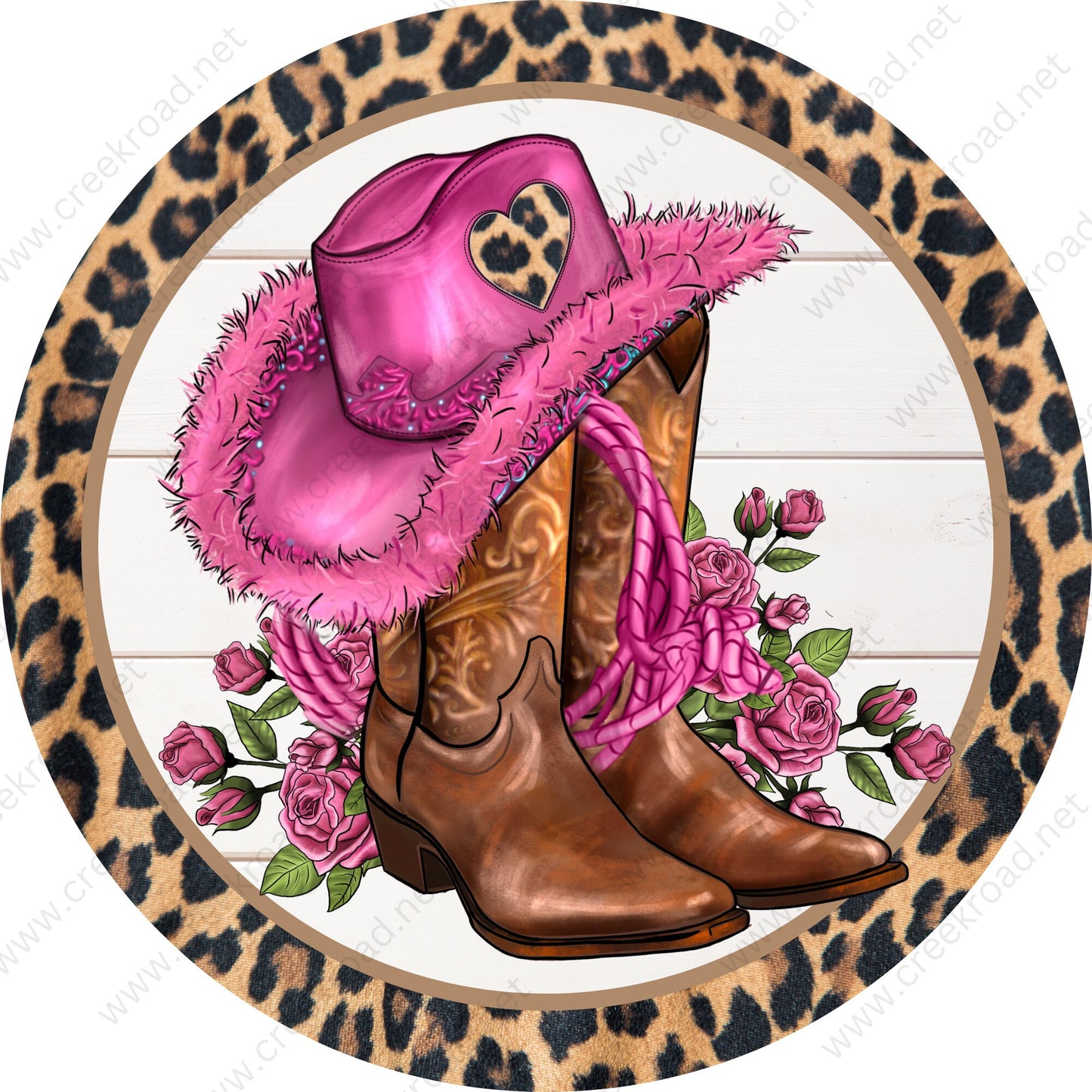 Sassy Pink Cowgirl Hat Lasso Roses and Boots with Leopard Print Border Heart Shiplap Background Wreath Sign-Western-Sublimation-Rodeo-Decor