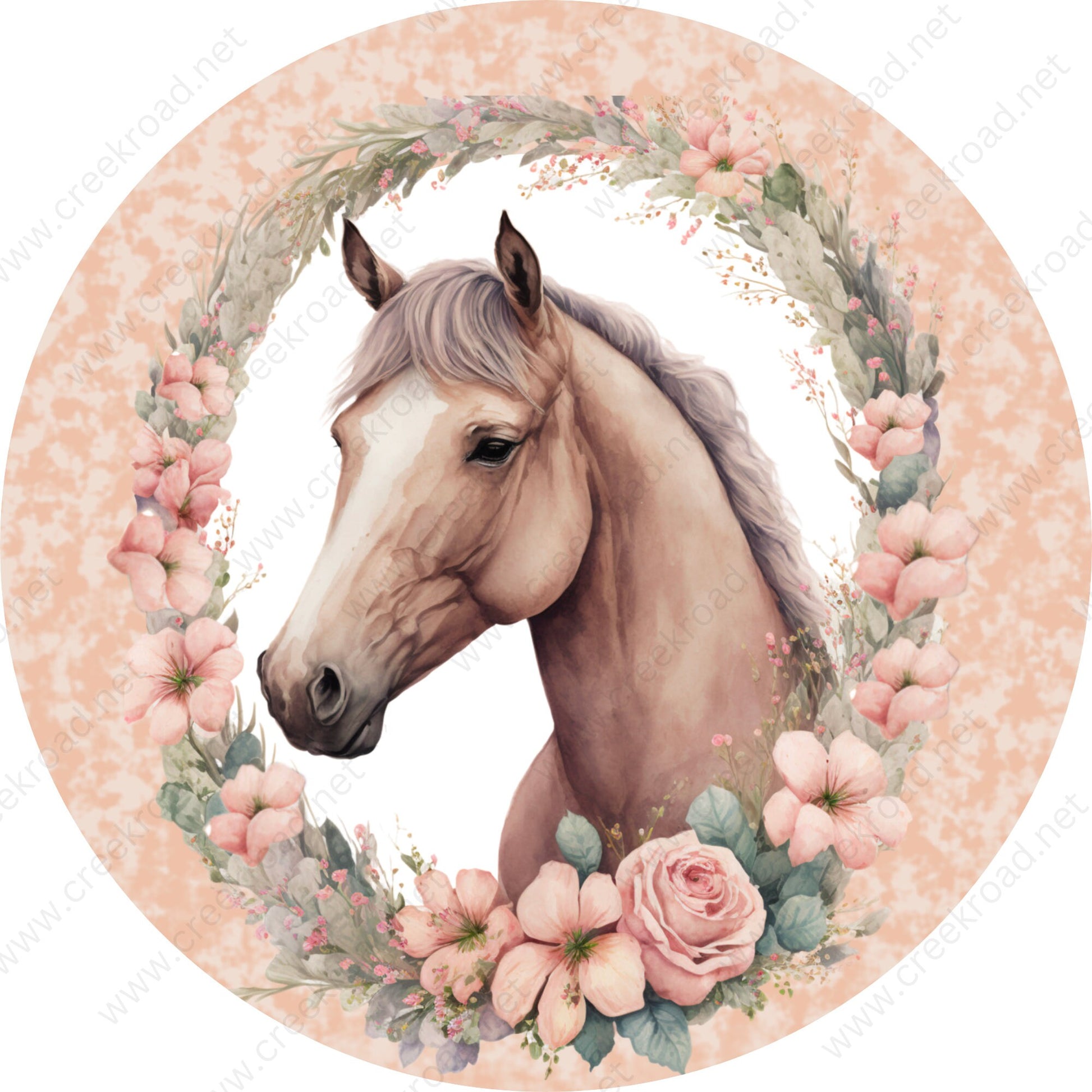 Brown Horse with Peach Green Floral Surrounded by Wreath Decorative Wreath Sign-Aluminum-Round-Sublimation-Farm-Decor