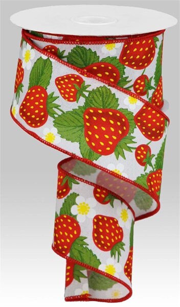 2.5" X 10Yd Wired Ribbon-Strawberries/Faux RoyalRibbon-RGA118427-White/Yellow/Red/Green-Wreaths-Crafts