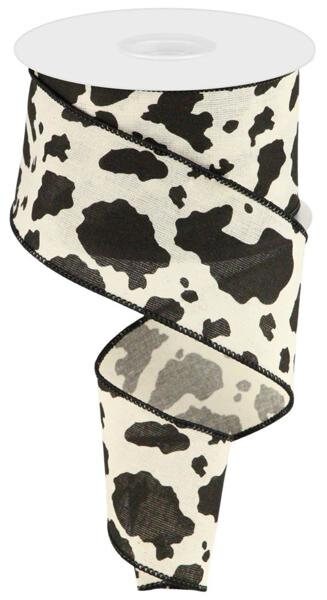 2.5" X 10Yd Wired Ribbon-Cow Print-RGB138002-Cream/Black