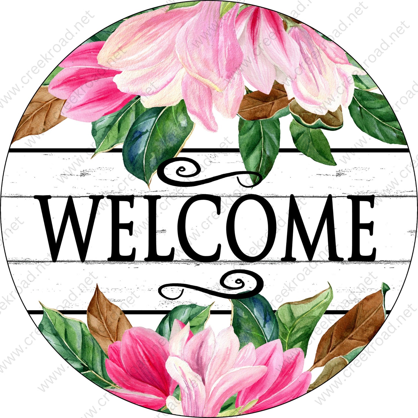 Welcome with Pink Magnolias on White Shiplap Wreath Sign-Sublimation-Aluminum-Attachment-Decor-Spring-Summer