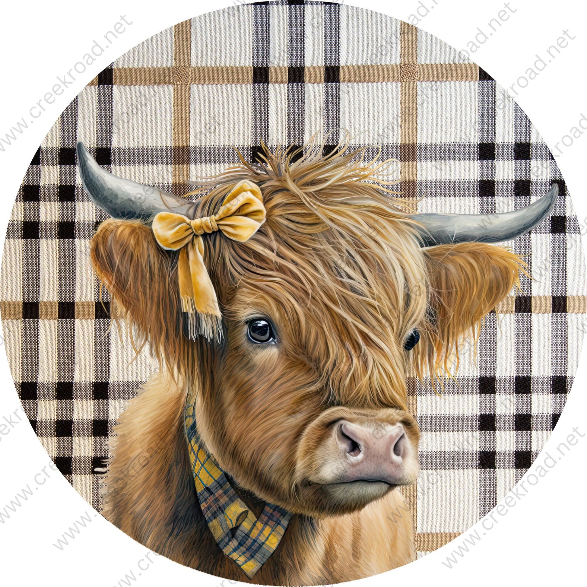 Welcome Brown Highland Cow with Yellow Bow Neck Scarf Wreath Sign-PICK YOUR OPTION-Farm-Sublimation-Aluminum-Round-Spring-Decor