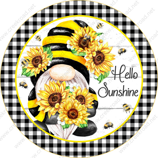 Hello Sunshine Gnome with Sunflowers Bumble Bee with Black White Checkered Border Wreath Sign-Sublimation-Aluminum-Round-Spring-Summer-Decor