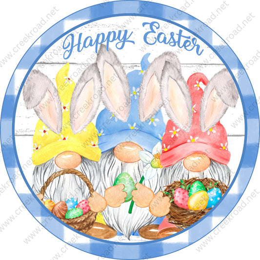 Happy Easter Gnome Bunnies with Easter Basket Eggs White Shiplap Background Blue White Checkered Border-Sublimation-Attachment-Decor-Easter