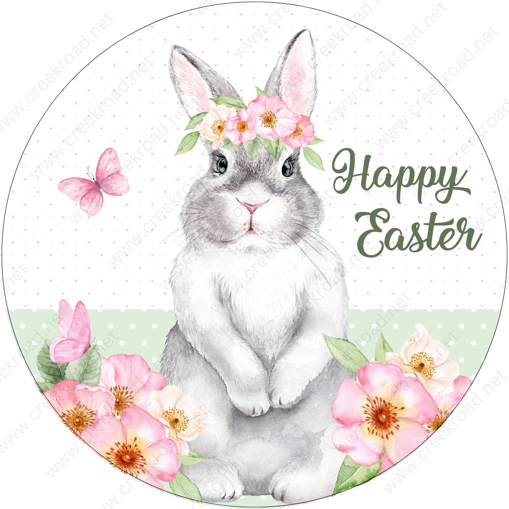 Happy Easter Grey Bunny Sits in Flower Garden Wreath Sign-PICK YOUR FINISH-Sublimation-Round-Spring-Attachment-Decor-Easter