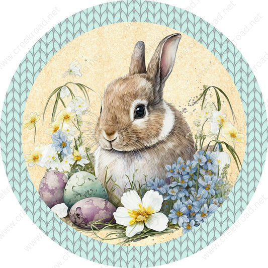 Cute Brown Easter Bunny Sitting in Flowers with Eggs Wreath Sign-Sublimation-Round-Spring-Attachment-Decor-Easter