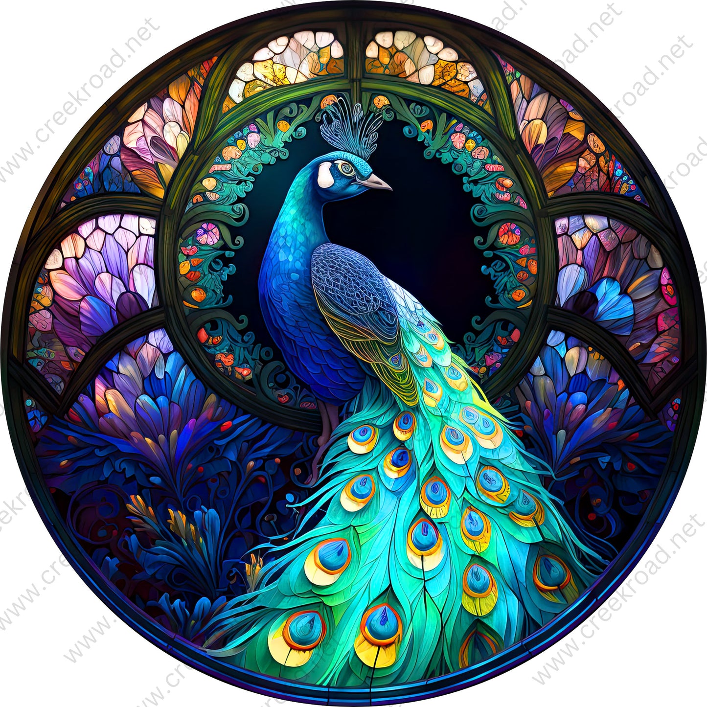 Beautiful Peacock Faux Stained Glass Wreath Sign-Blue Yellow Purple Everyday-Wreath Sign-Sublimation Sign-Wreath Attachment-Everyday-Spring