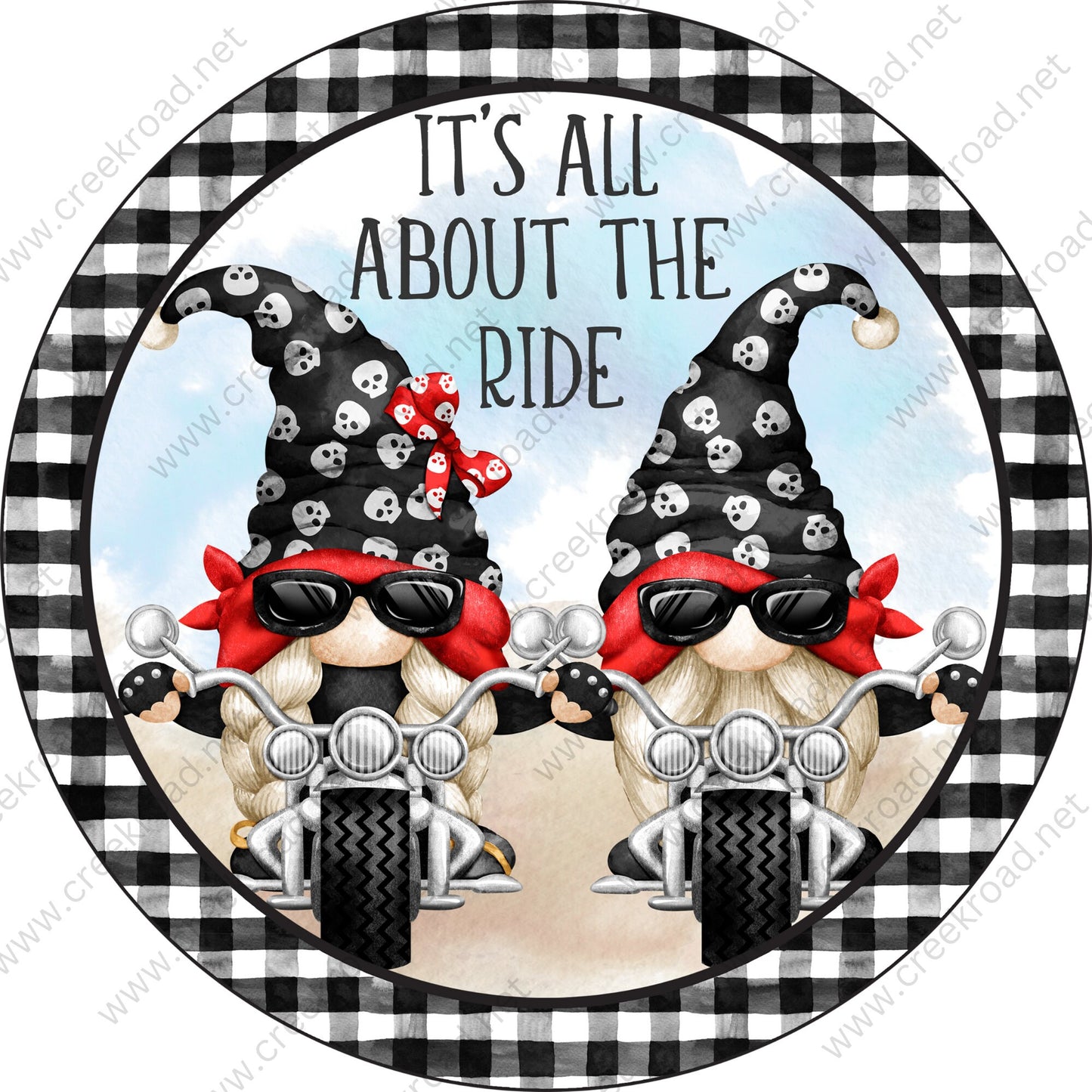 It's All About The Ride Biker Gnomes With Bandana Black Checkered Border Wreath Sign-PICK YOUR COLOR-Occupational-Round-Sublimation-Decor