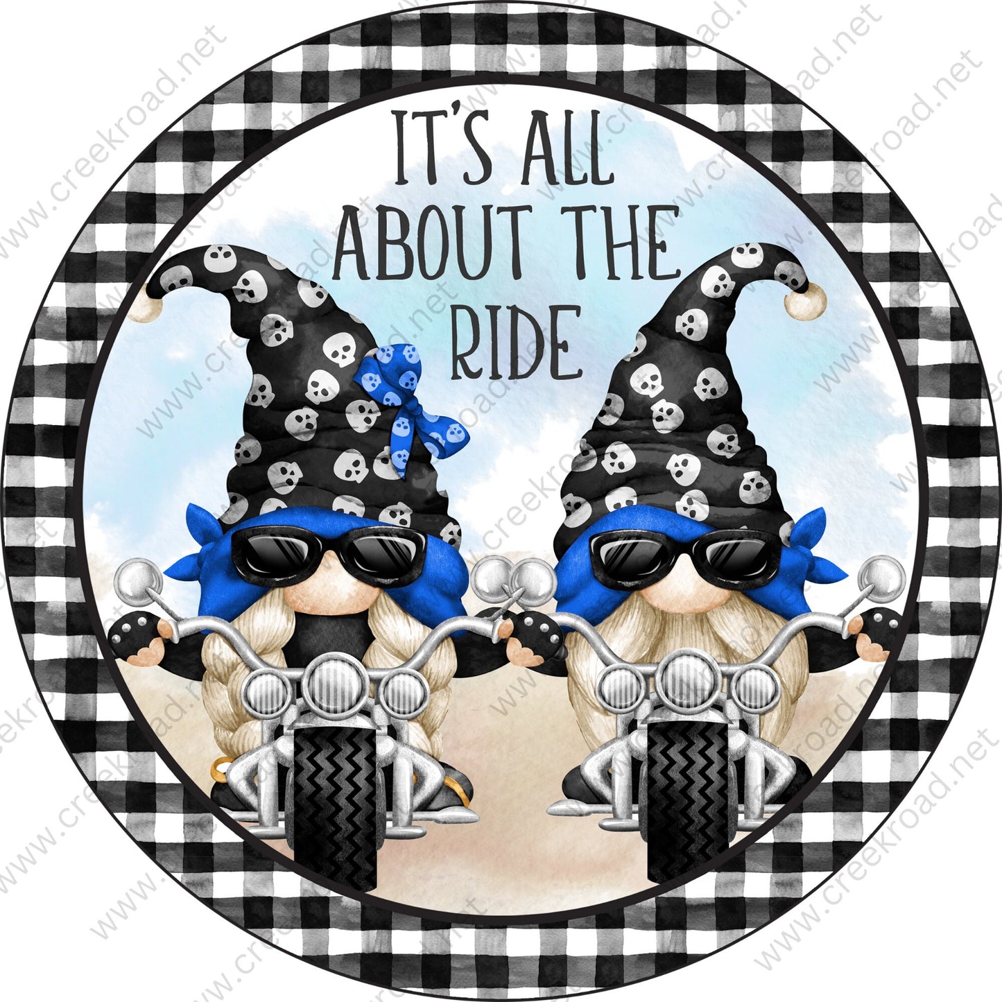 It's All About The Ride Biker Gnomes With Bandana Black Checkered Border Wreath Sign-PICK YOUR COLOR-Occupational-Round-Sublimation-Decor