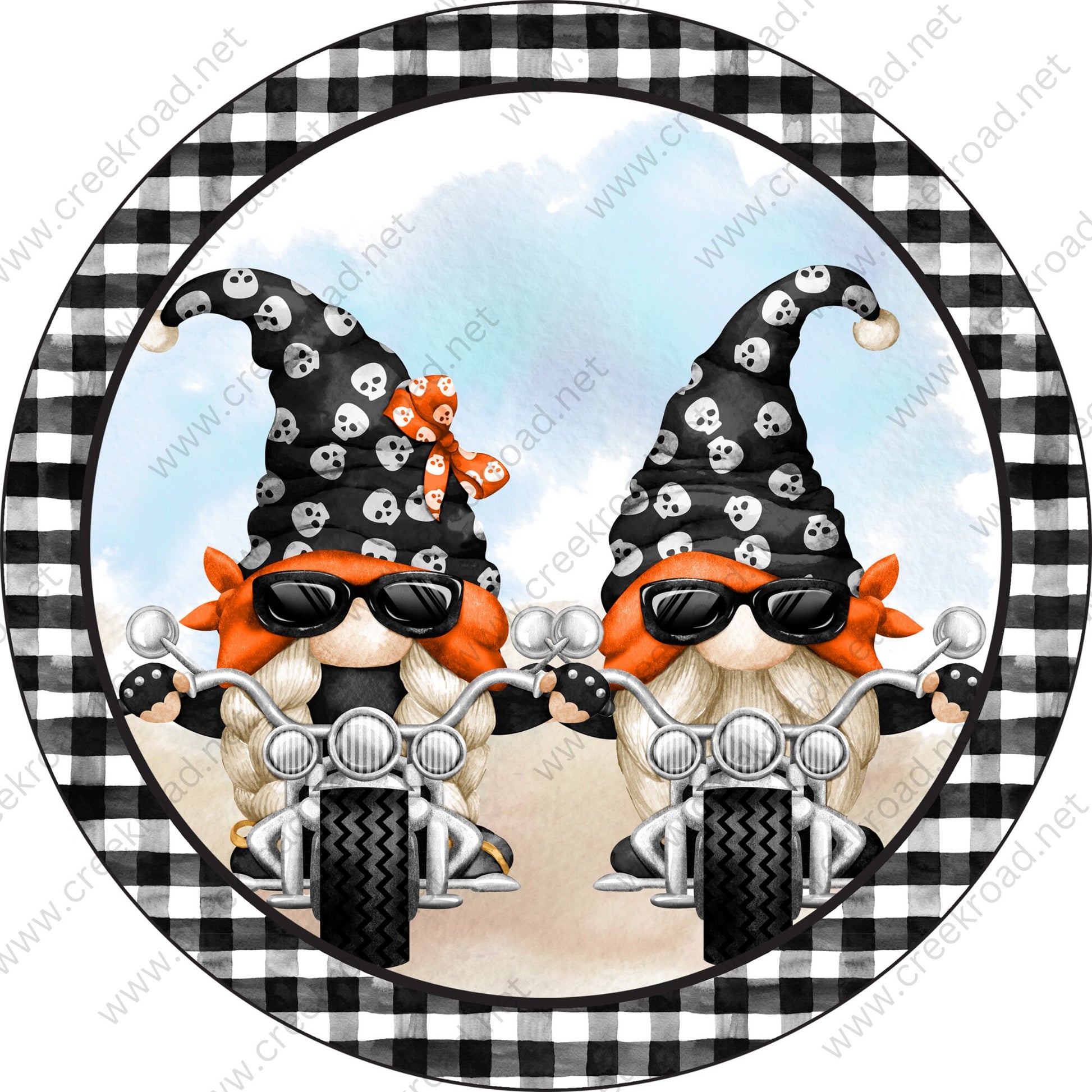 Biker Gnomes With Bandana Black Checkered Border Wreath Sign Blank-PICK YOUR COLOR-Occupational-Round-Sublimation-Decor