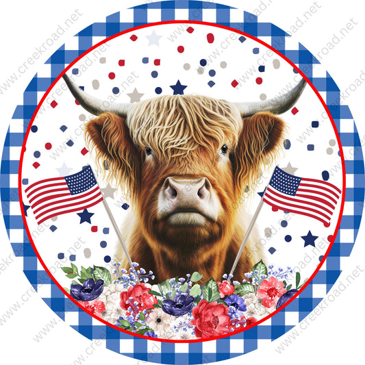 Patriotic Brown Highland Cow with American Flags Flowers Blue White Checkered Border Wreath Sign-Sublimation-Aluminum-Attachment-Decor