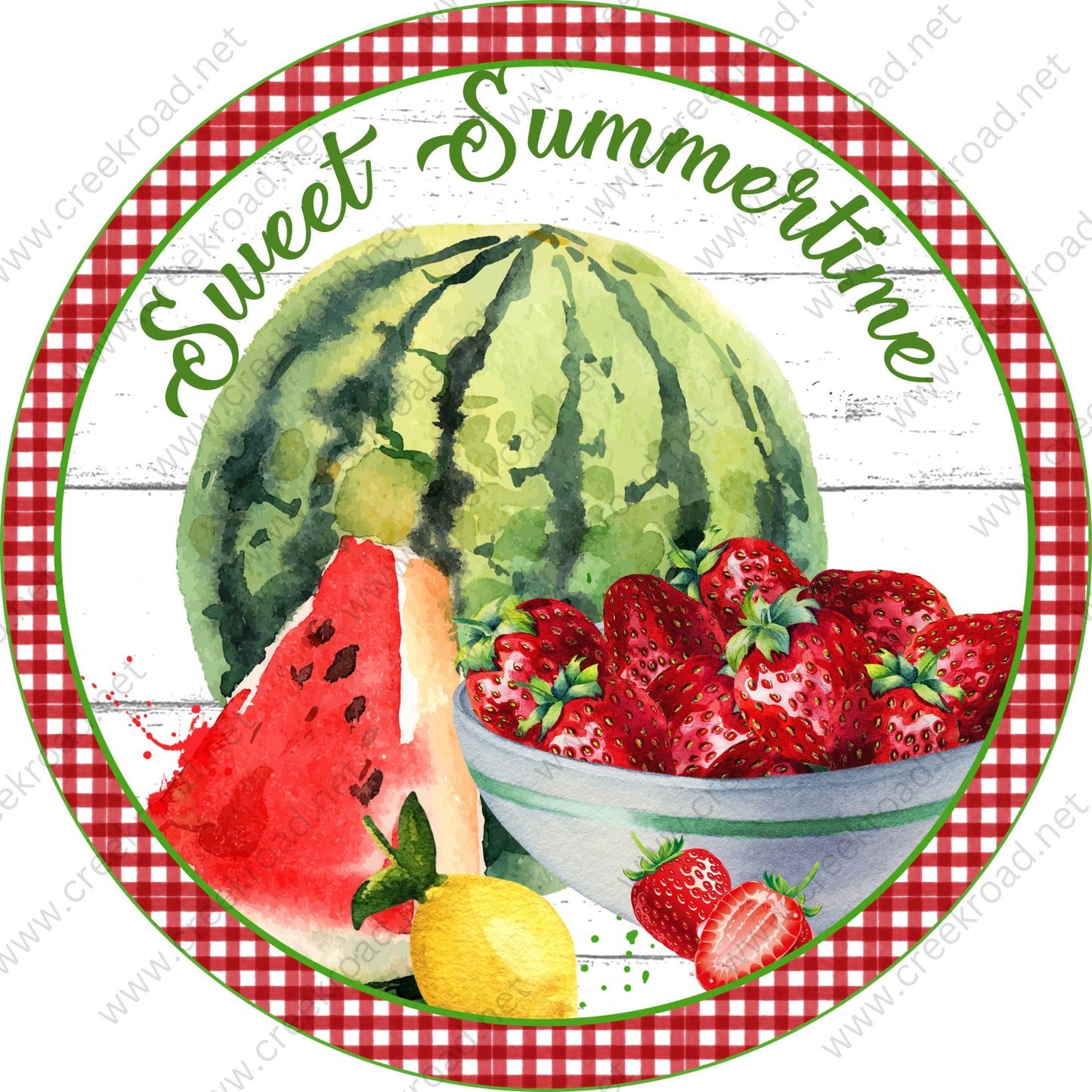 Sweet Summertime Bowl of Fruit in Watercolor Red White Checkered Border Wreath Sign-Sublimation-Round-Spring-Summer-Decor