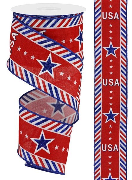 2.5" X 10Yd Wired Ribbon-Usa/Diagonal Border On Royal-RGA163127-White/Red/Blue-Wreaths-Crafts-Patriotic-Decor