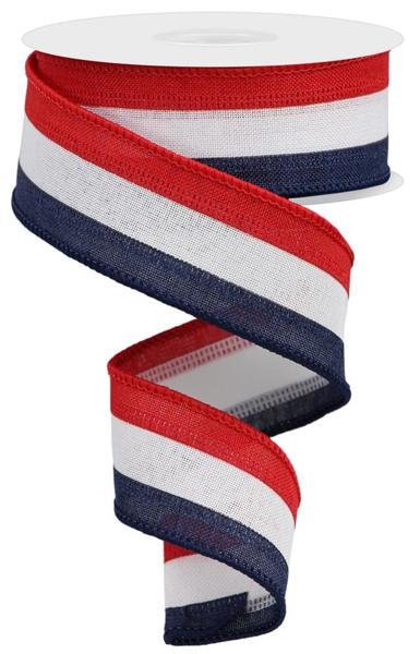 1.5" X 10Yd Wired Ribbon-3 Color 3-In-1 Royal Burlap-RG0160132-Red/White/Navy Blue-Wreaths-Crafts-Patriotic-Decor-