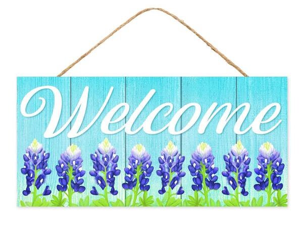 12.5"H x 6"L Welcome W/Bluebonnets Sign-Wreath Sign-Ice Blue/Indigo/White-Spring-Summer-AP7267-MDF/Paper