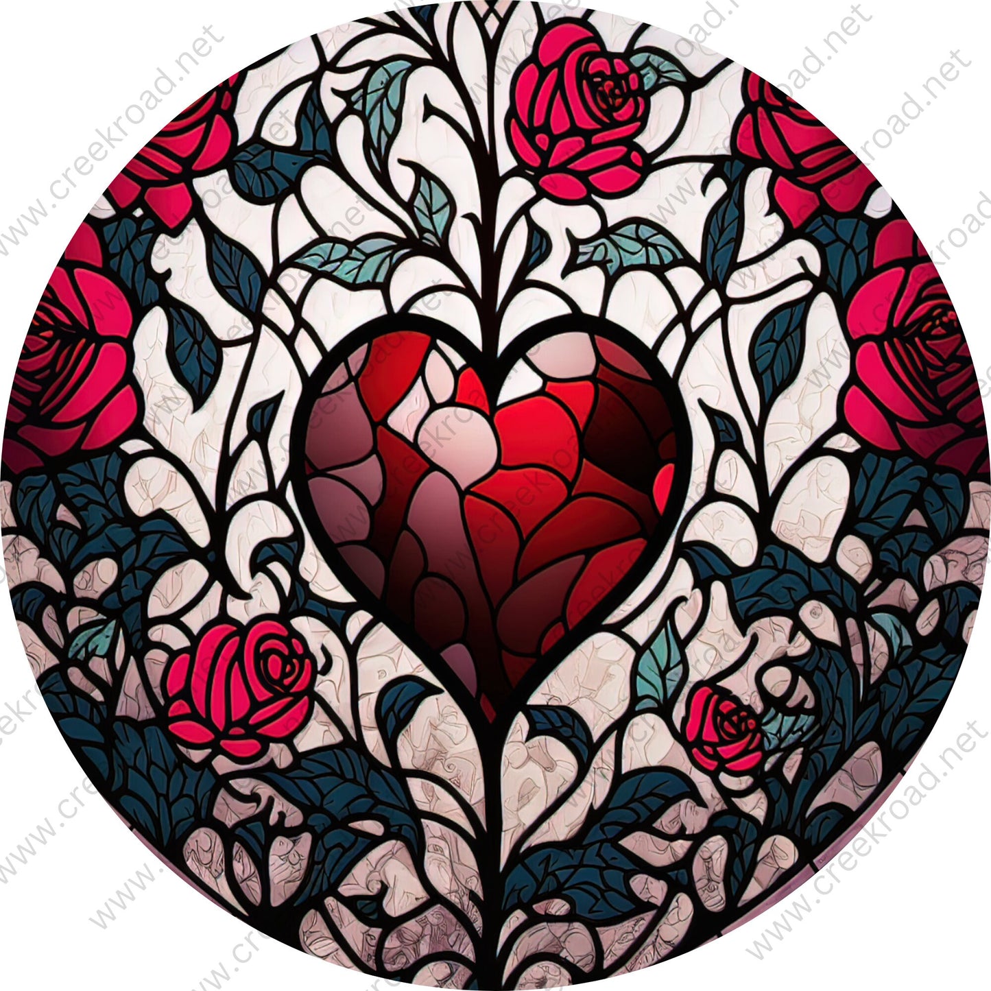 Red Heart of Glass Surrounded by Roses Faux Stained Glass Wreath Sign-Sublimation-Attachment-Decor