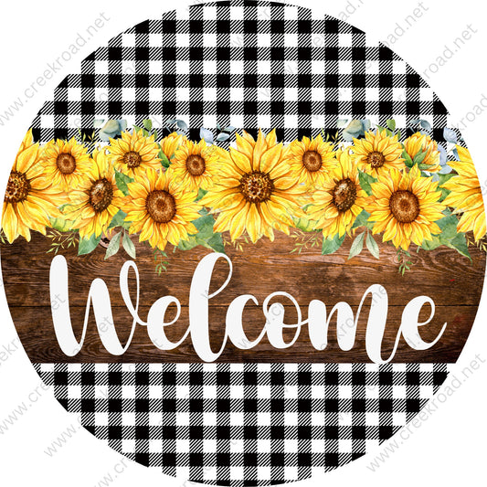 Welcome Sunflowers on Brown Shiplap with Black White Checkered Background Wreath Sign-Sublimation-Round-Spring-Summer-Decor