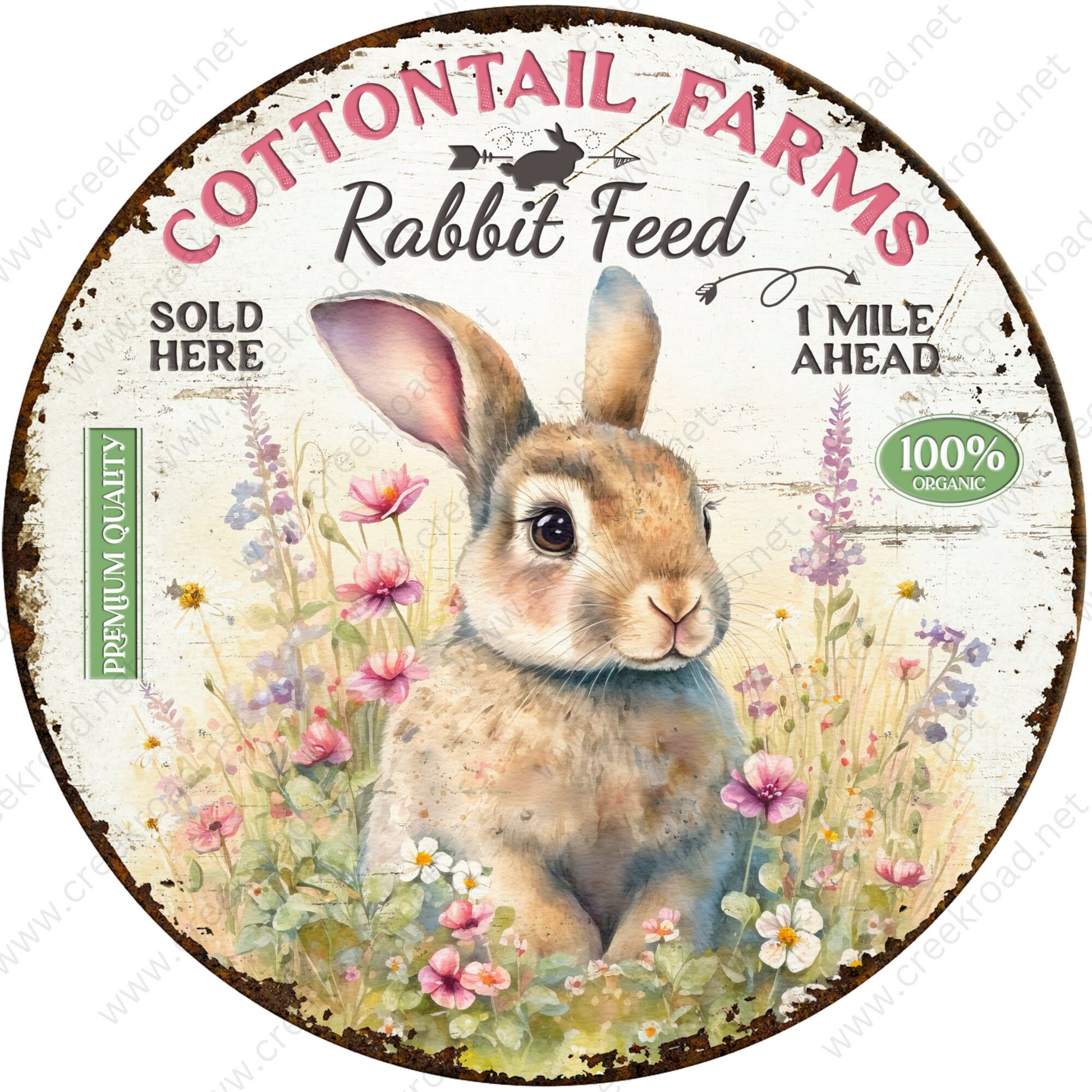 Cottontail Farms Rabbit Feed Vintage Wreath Sign with Distressed Appearance-Sublimation-Attachment-Decor-Easter-Aluminum