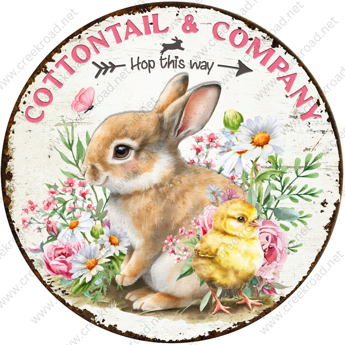 Cottontail & Company-Hop This Way Rabbit Baby Chick Vintage Wreath Sign Distressed Appearance Floral-Sublimation-Attachment-Decor-Easter