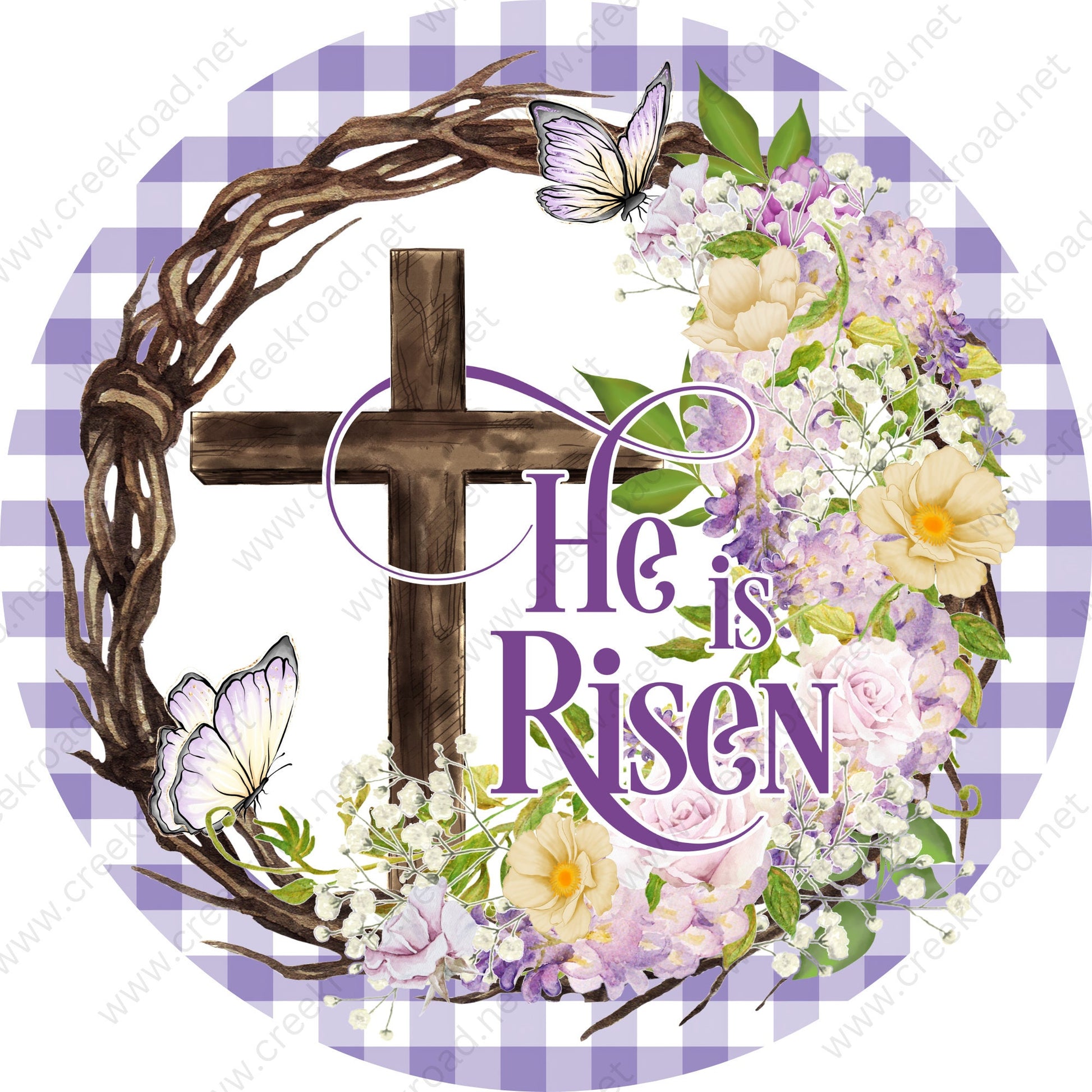 He Is Risen with Cross and Crown of Thorns on Purple White Checkered Background Florals Butterflies-Sublimation-Attachment-Decor-Easter