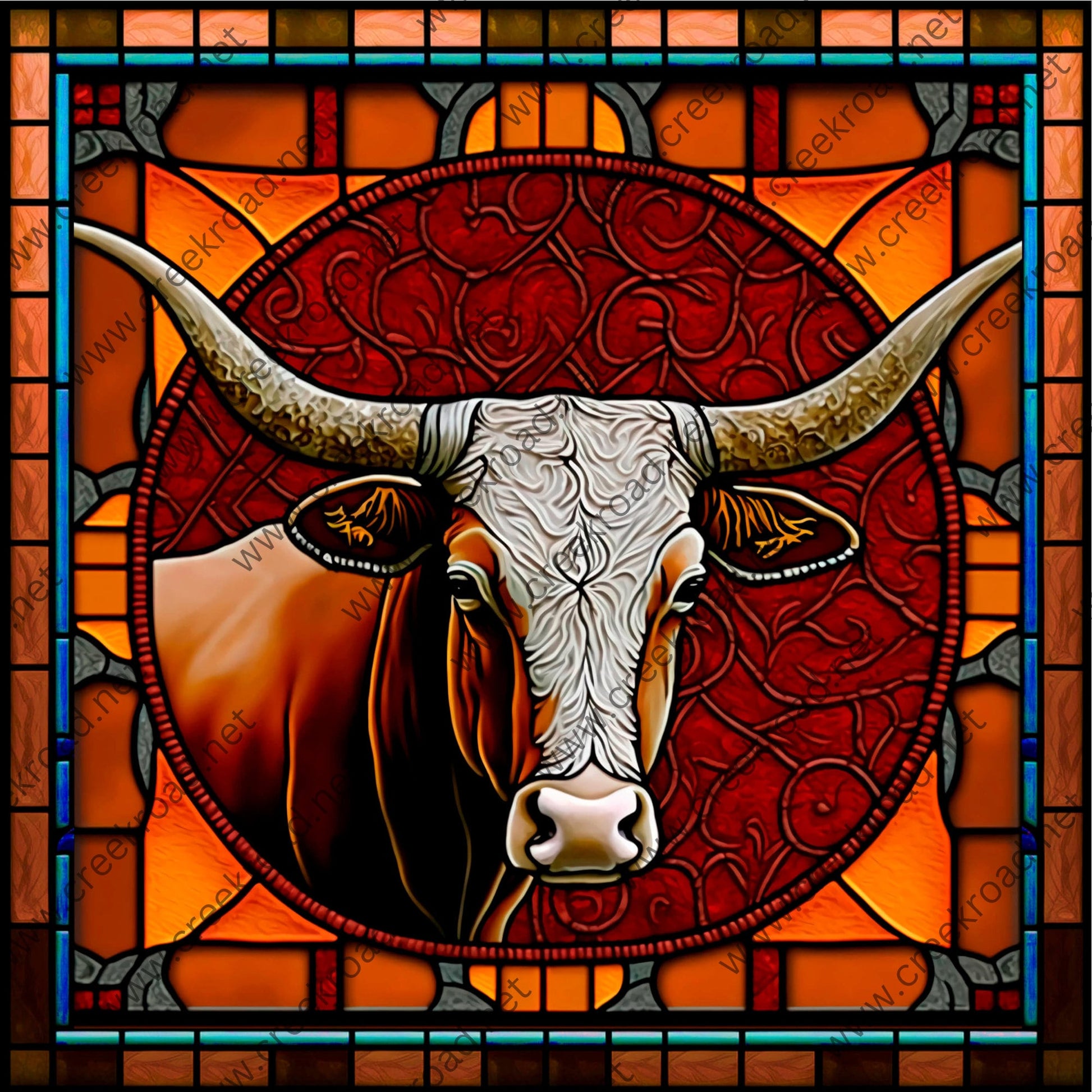 Texas Longhorn Faux Stained Glass Burnt Orange with Blue Teal Border Wreath Sign-10" x 10" Square-Aluminum-Sublimation-Attachment-Decor