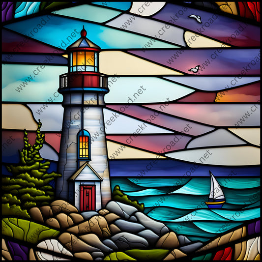 Colorful Lighthouse on Coastal Shore Sailboat Seagull Faux Stained Glass Wreath Sign-10" X 10" Square-Sublimation-Attachment-Aluminum-Decor